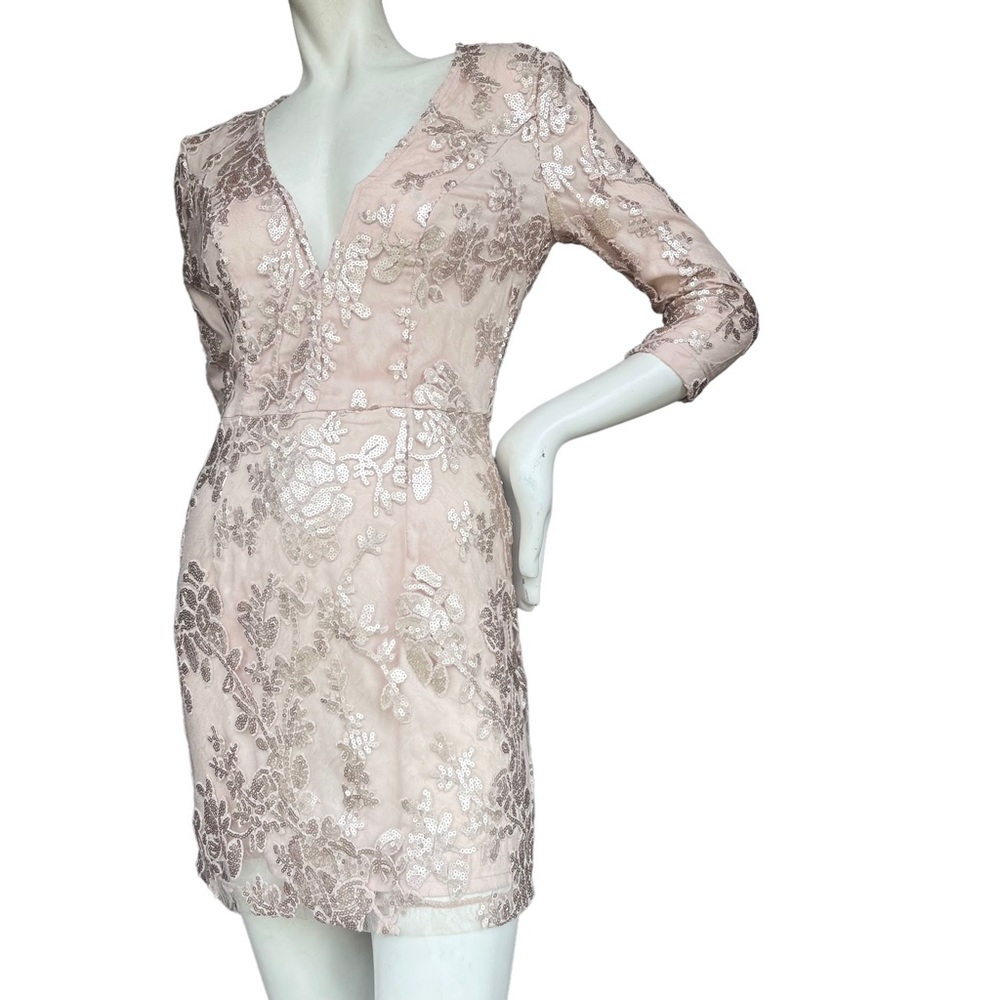Lovers + Friends Beige Deep V Neck 3/4 Sleeve Floral Sequin Mini Dress Small